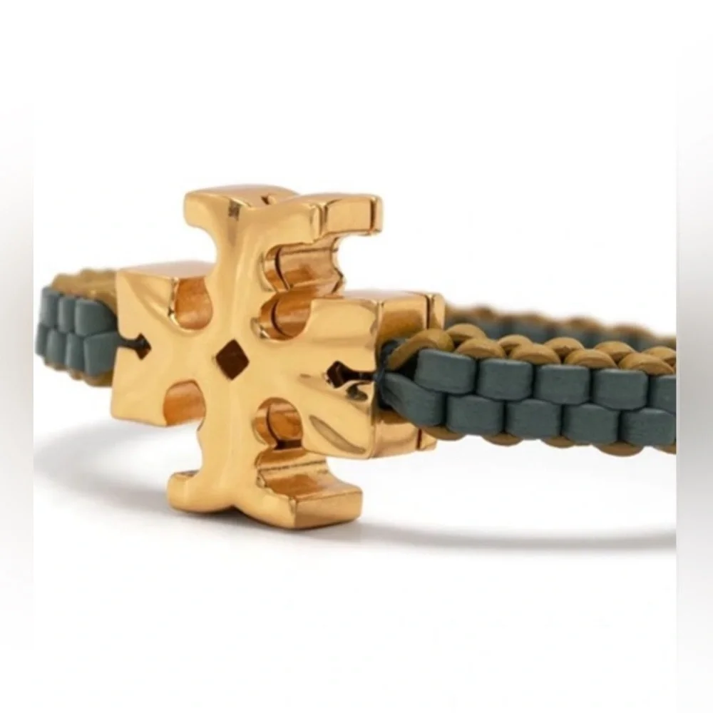 NWT Tory Burch Authentic Roxanne Goldtone & Green Yellow Leather Woven Bracelet